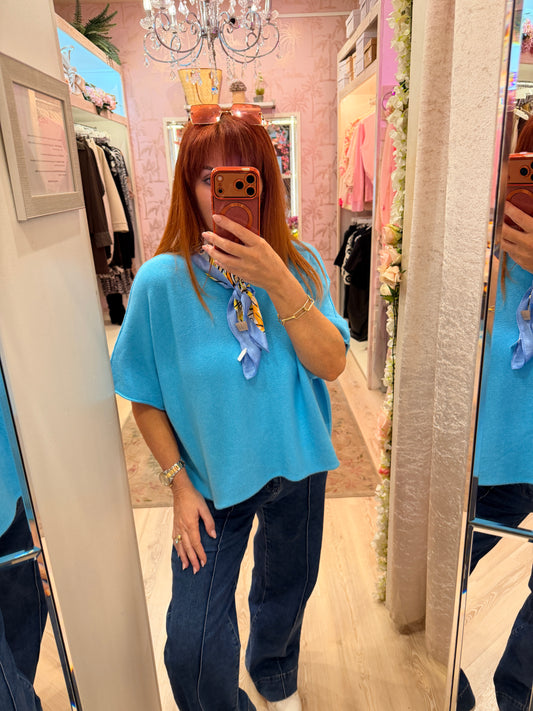 Carrie: Azure blue short knitted top. One size: 12-18/20