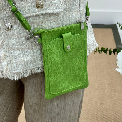 Petra: Lime Italian leather phone cross body bag