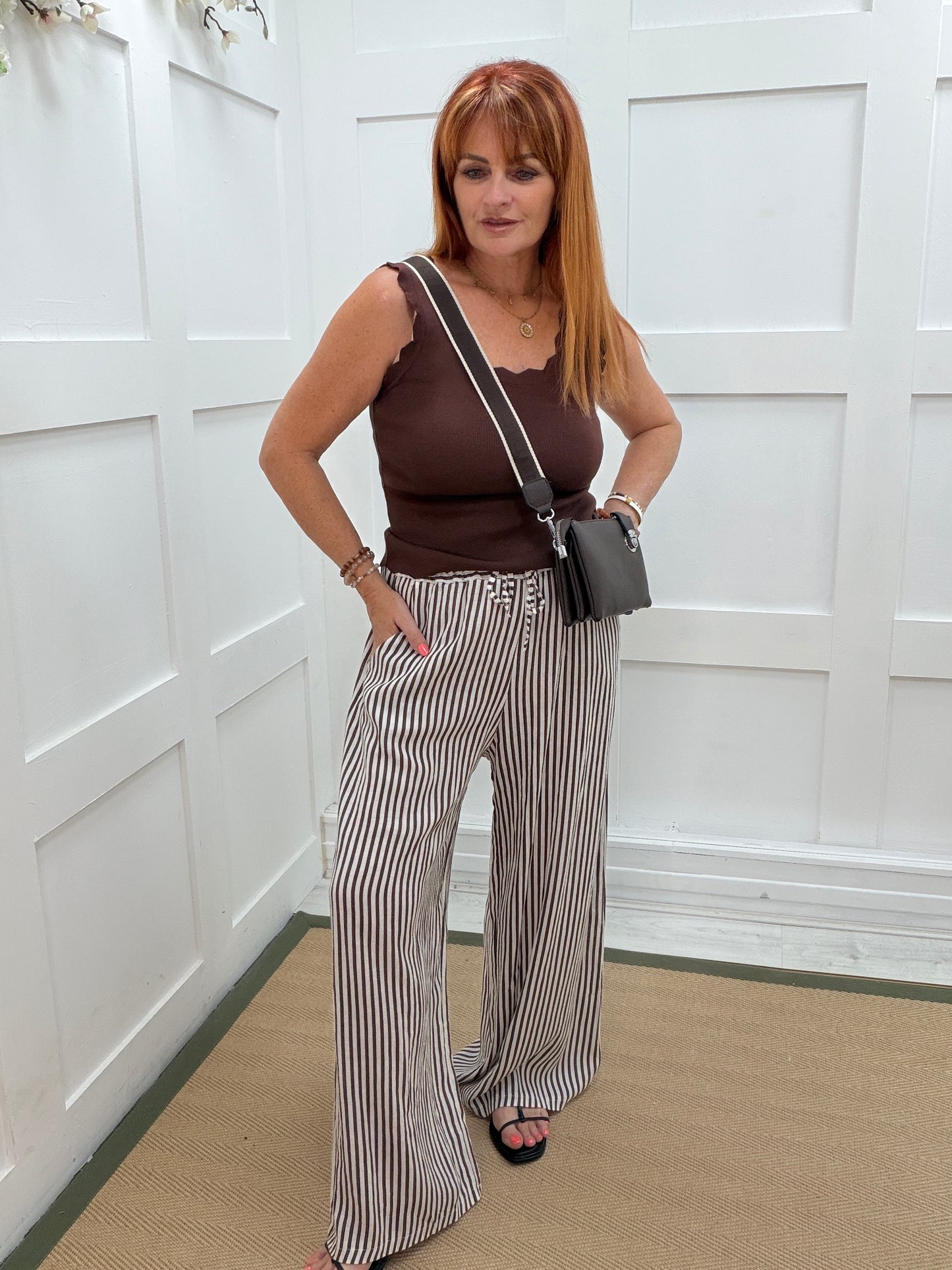 Suki: Wide leg stripe linen trousers. One size: 10-16. 3 colours