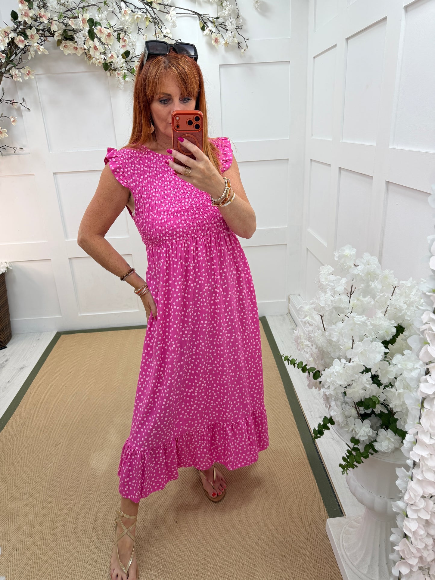 Kitty: Spotty shirred midi dress. One size 10-16. Various colours
