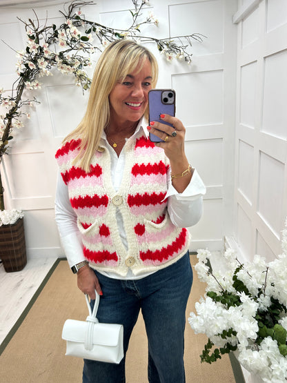 Nova: Pink & red stripe knitted waistcoat. One size: 12-18