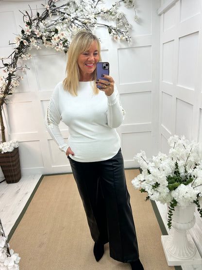 Arianne: White sparkle cutout shoulder top. One size: 12-16