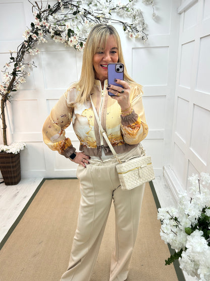 Steph: Gold pink floral printed bomber jacket. One size: 10-16