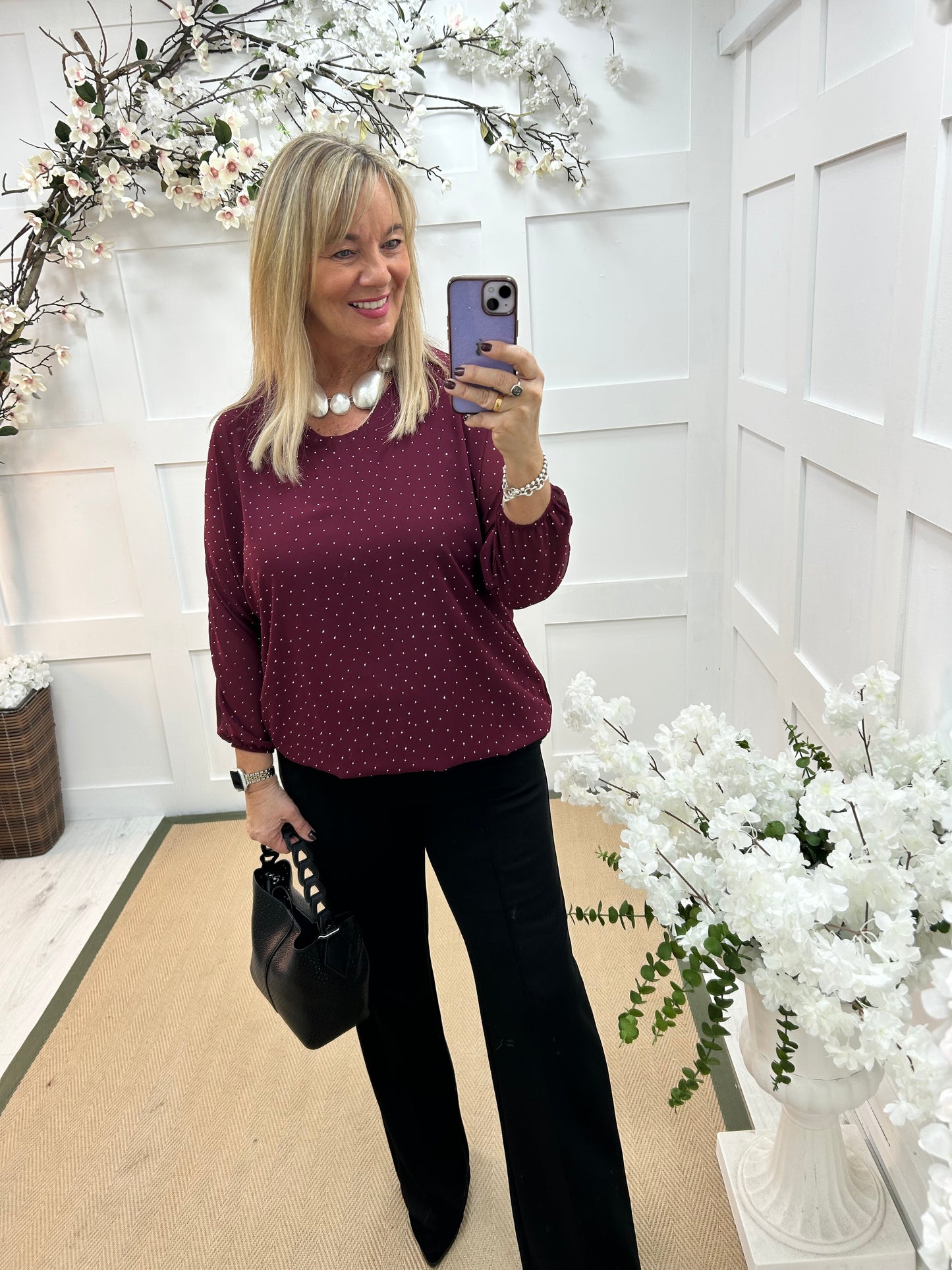 Ava: Burgundy diamanté sparkle top. One size: 12-18