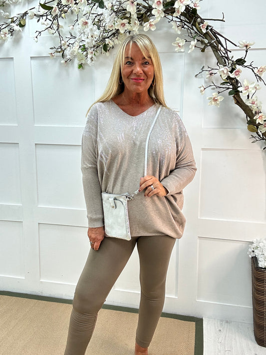 Coco: Beige V neck diamanté long sleeve top. One size: 18-22