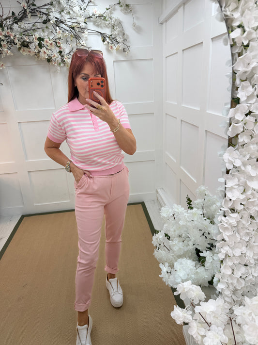 Suki: Pink & white stripe polo top. One size: 10-16