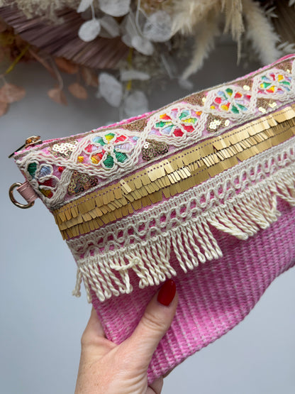 Estelle: Embroidered fringe clutch bag. 3 colours.
