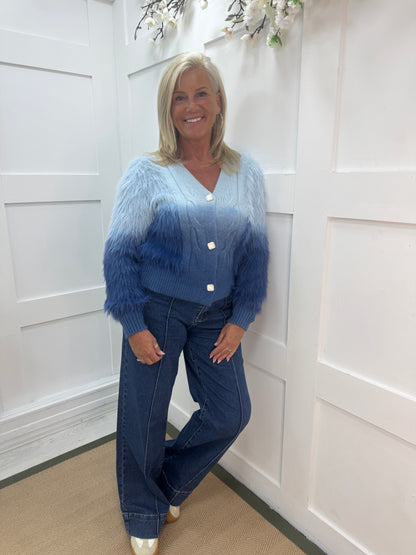 Olivia: Blue ombre fluffy knit top. One size: 10-16