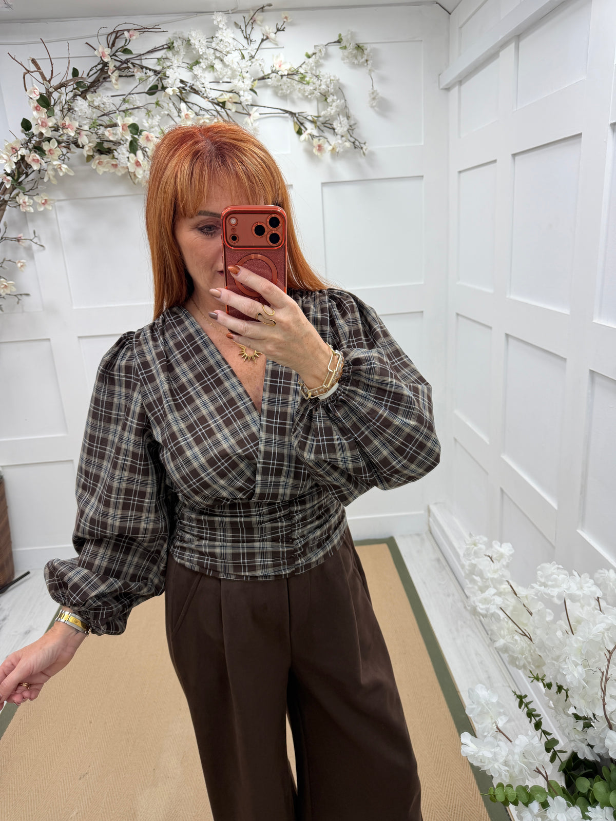 Tanya: Wrap style long balloon sleeve printed top. 3 sizes. 2 colours