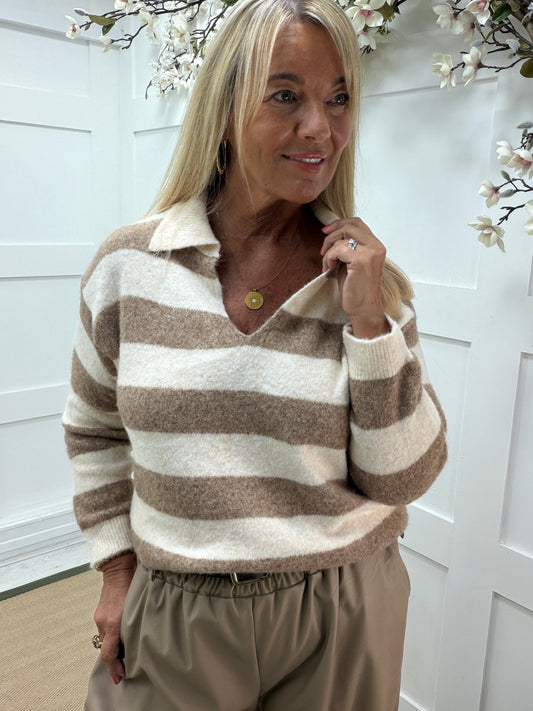 Solana: V neck collared long sleeve striped soft knit top. One size: 12-18. 2 colours