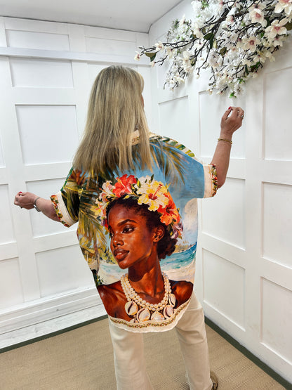 Olivia: Multicoloured floral print oversized shirt. One size: 14-22