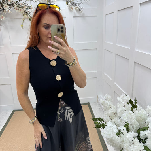 Laura: Black fine knit gold shell waistcoat. 2 sizes