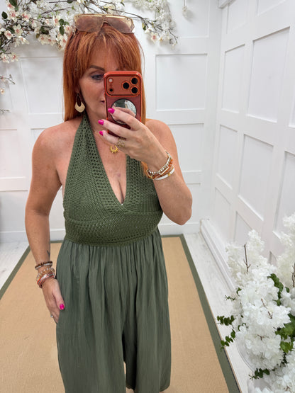 Candy: Crochet halter neck balloon leg jumpsuit. One size: 8-12. 4 colours
