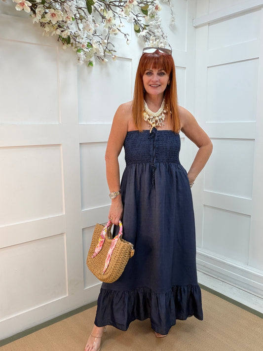 Belinda: Denim blue shirred bandeau maxi dress. One size 12-18