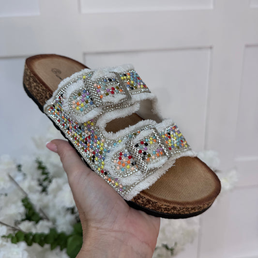 Bambi: Multicoloured bead & diamanté buckle sandals. Sizes: 3-8