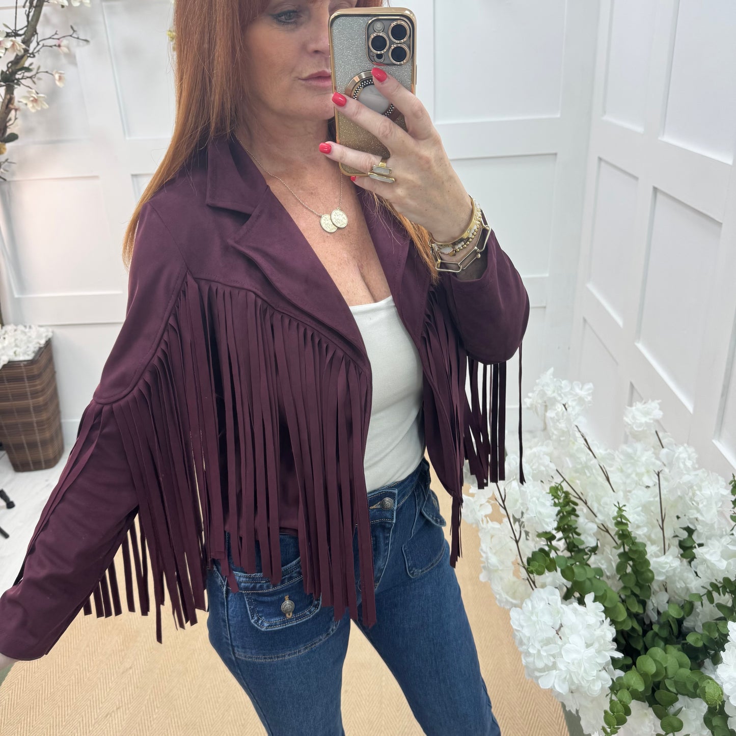 Heidi: Burgundy short suede fringe jacket. One size: 8-14