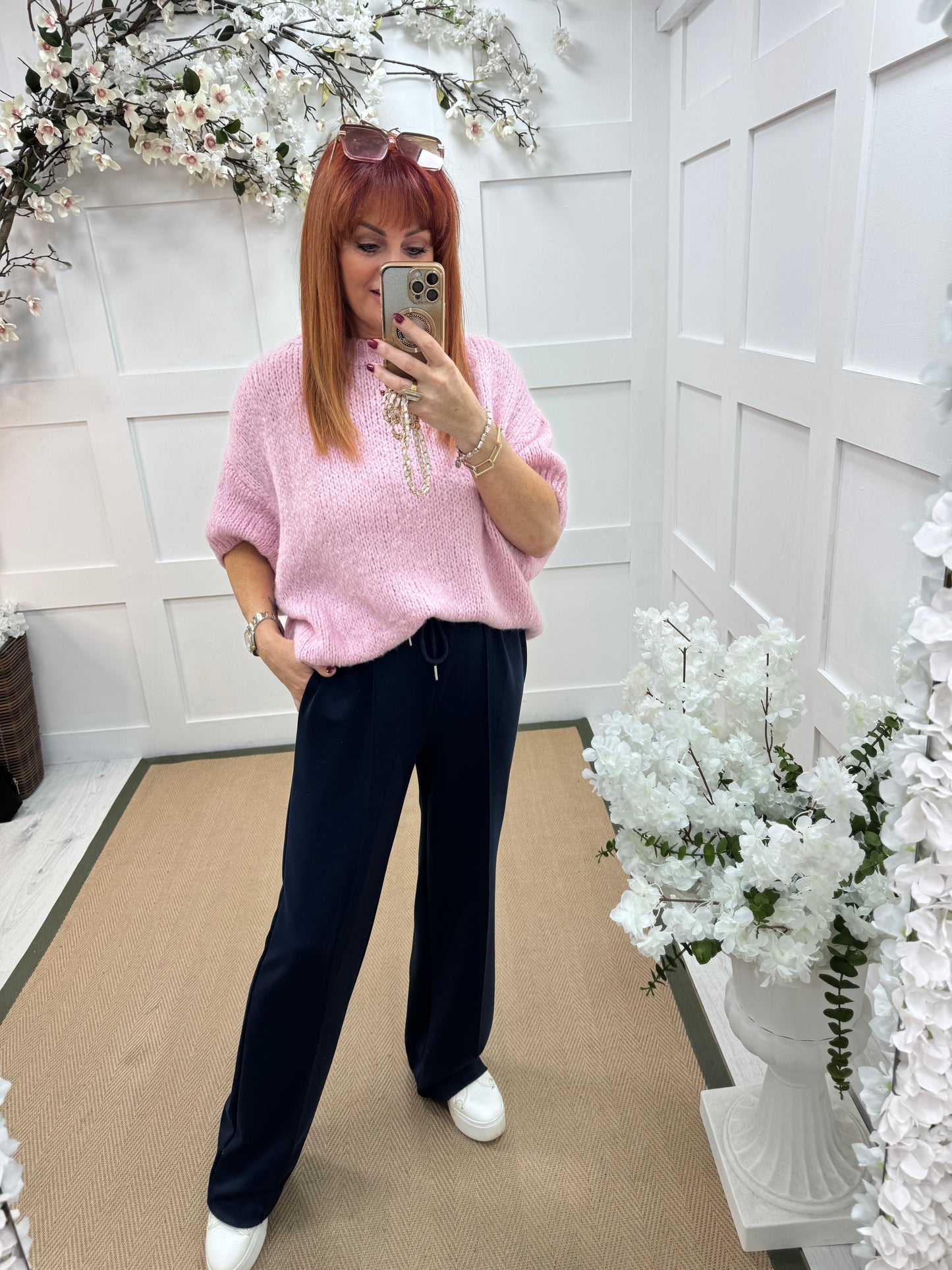 Trudy (Short): Navy stretchy wide leg pocket trousers. One size 10-16