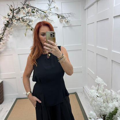 Maisie: Black tie waist peplum top. One size: 14-18