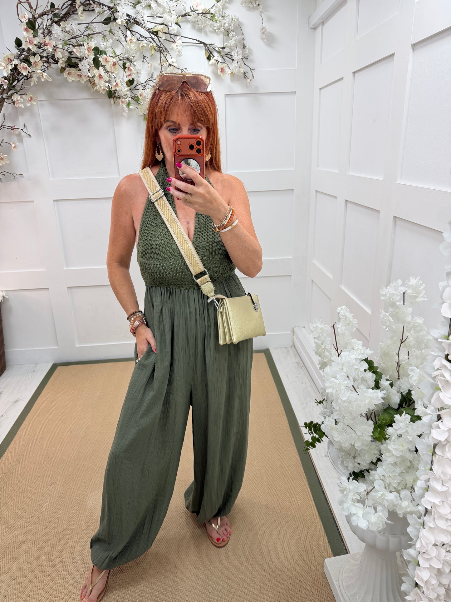 Candy: Crochet halter neck balloon leg jumpsuit. One size: 8-12. 4 colours