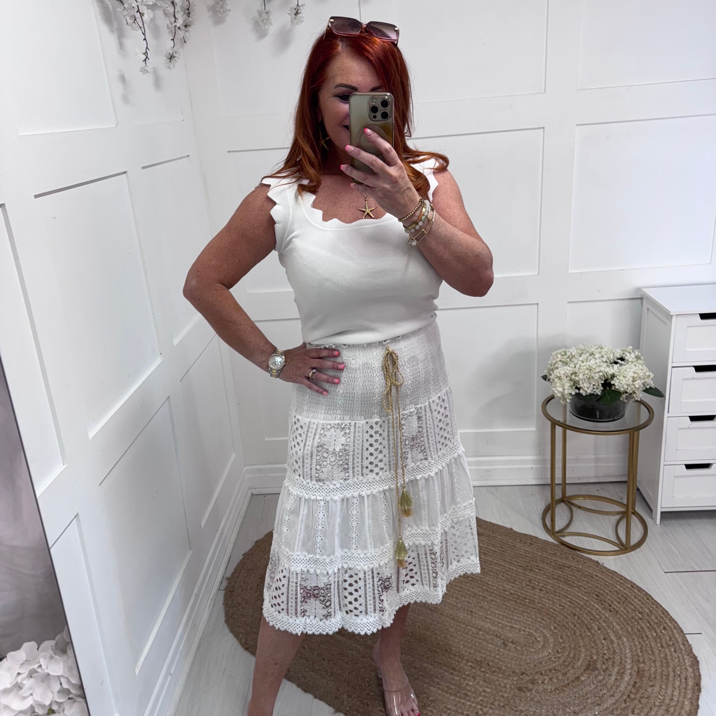 Brooklyn: White crochet short skirt. One size: 10-18