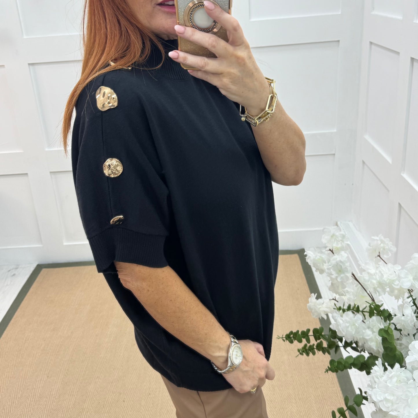 Camille: Black short sleeve gold button top. One Size 12-20