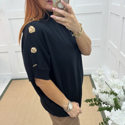 Camille: Black short sleeve gold button top. One Size 12-20