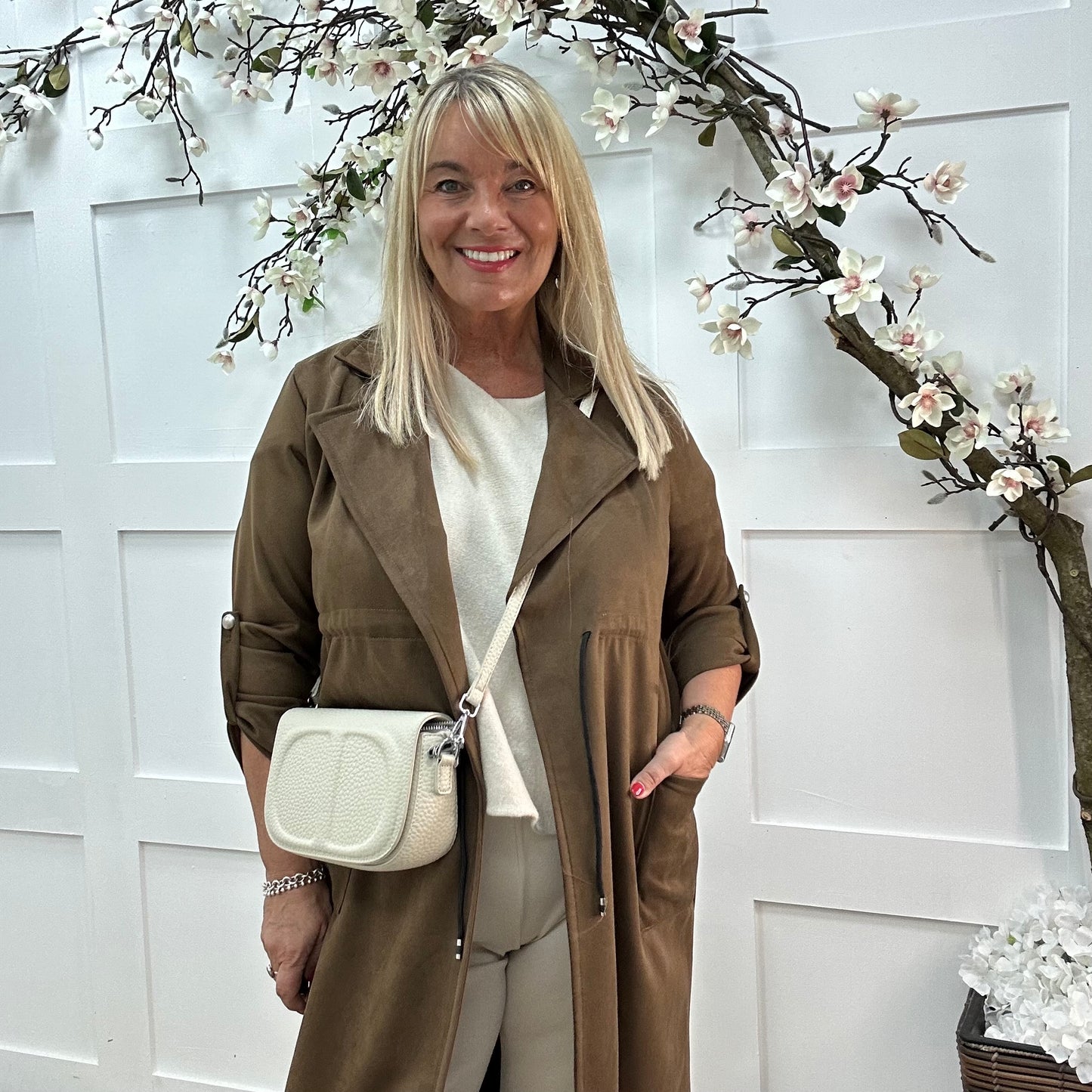 Marina: Brown long suedette trench coat. One size 12-18