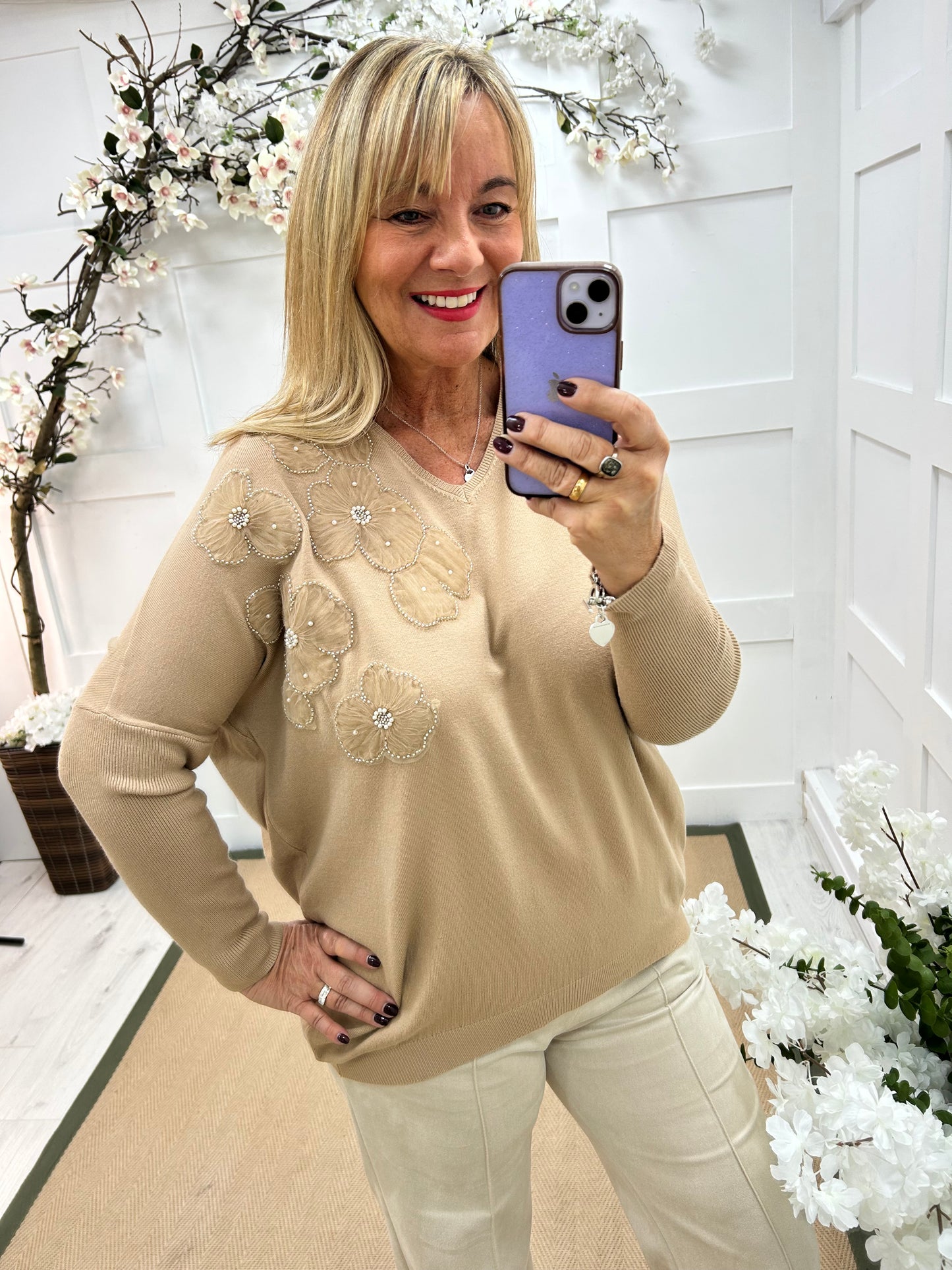 Claudia: Sand longline floral detail knit. One size: 14-20