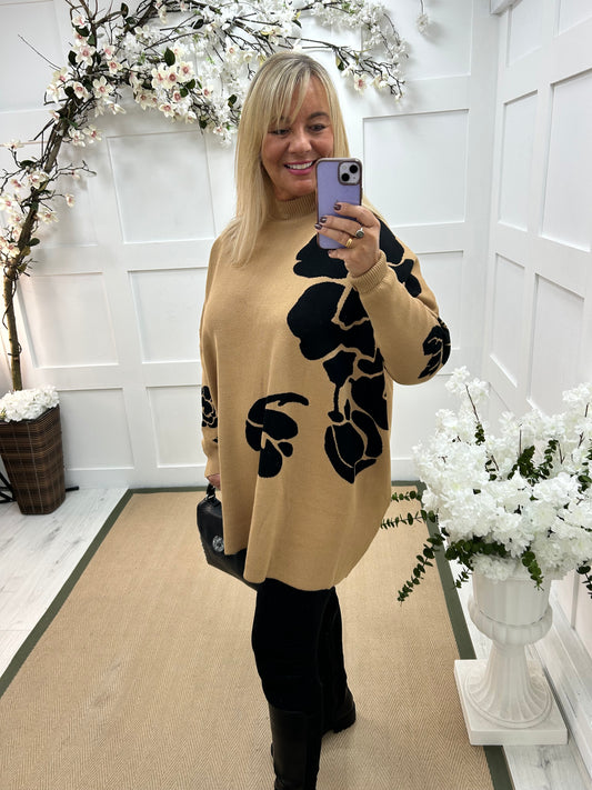 Esther: Camel oversized longline knit top. One Sz: 16-24