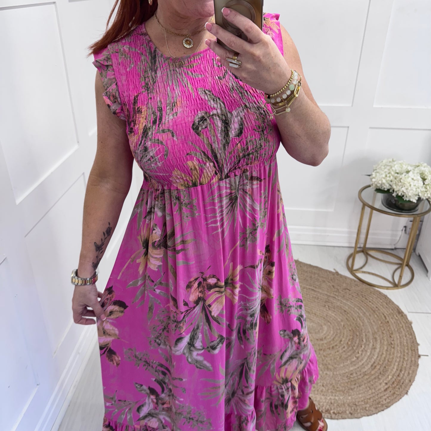 Sophia: Hot pink tropical print midi dress. One size 8-16/18