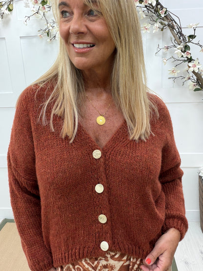 Cora: Slouchy gold button cardigan. One size: 12-18/20 3 colours