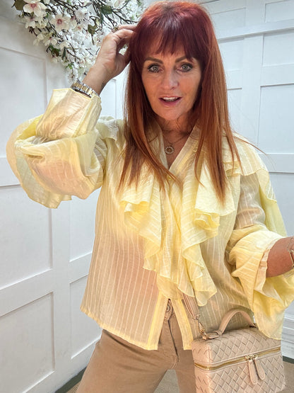 Raye: Lemon striped ruffle blouse. One size 10-14