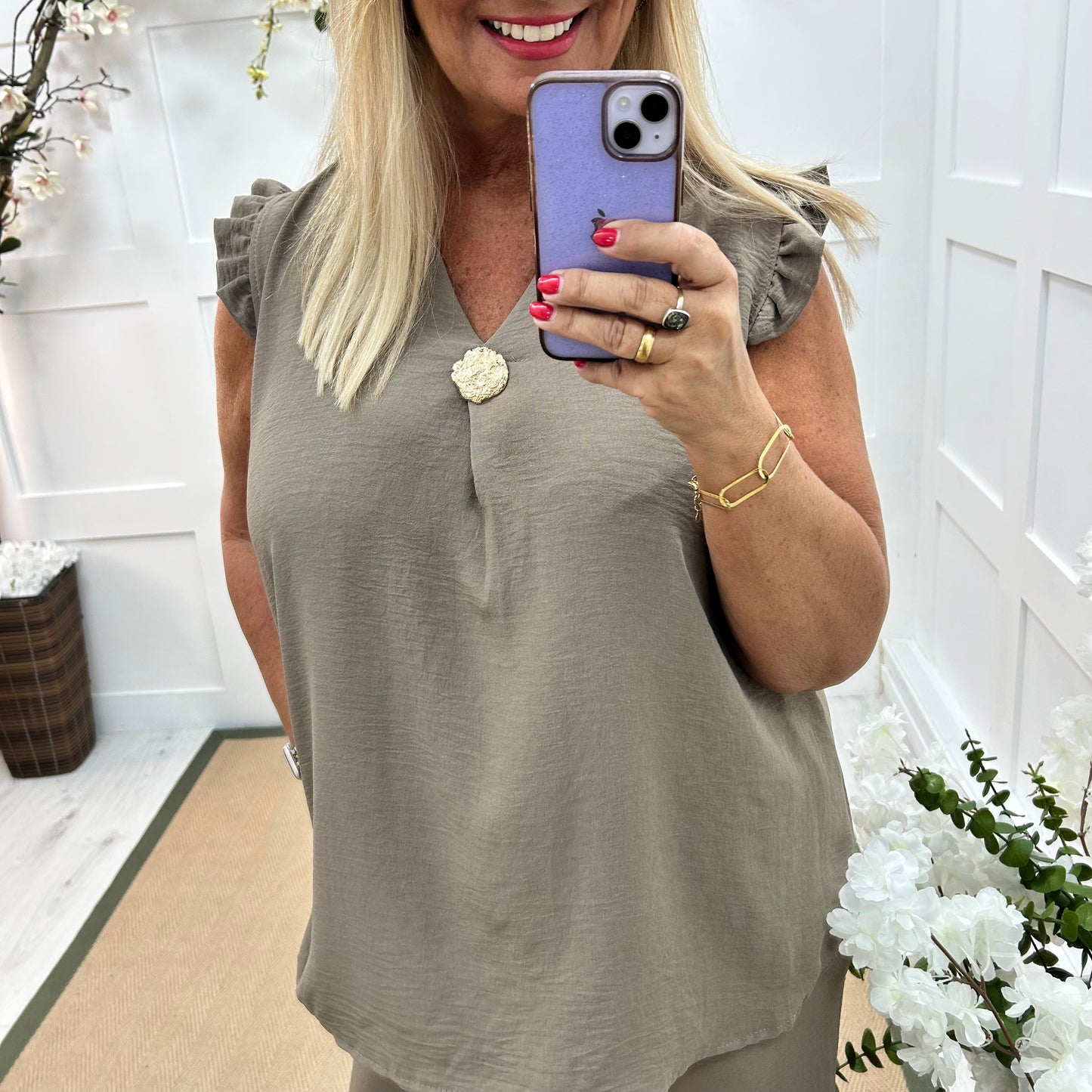 Drew: Mocha V neck button top. One size: 14-20