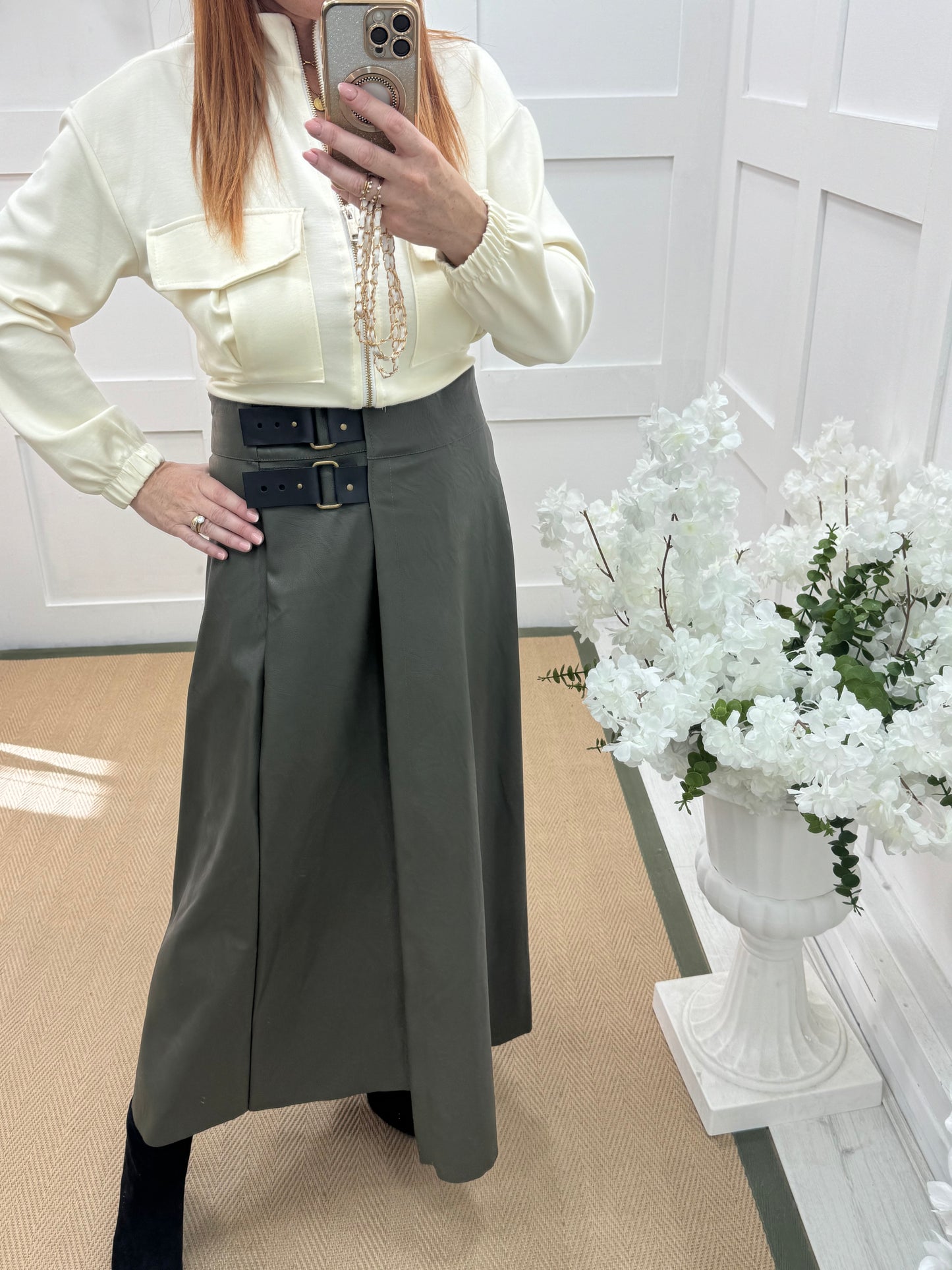 Raine: Khaki faux leather belted asymmetric skirt. One size: 12-16
