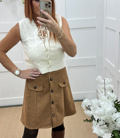 Destiny: Tan suedette pocket mini skirt. One size: 10-14