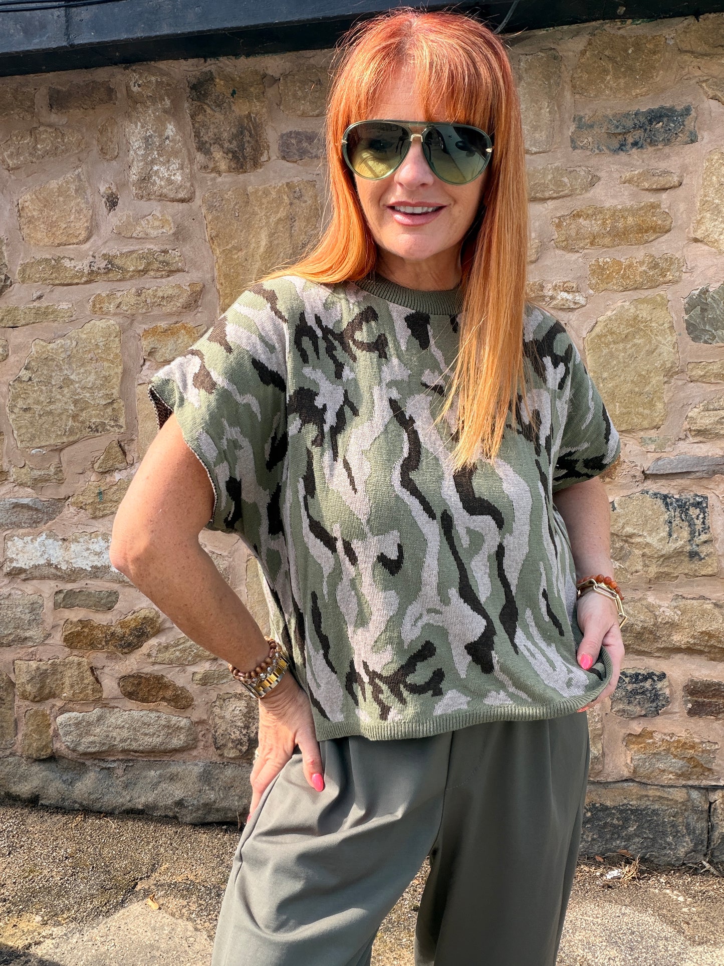 Rebel: Khaki cotton camo knit top. Sizes: 12-16
