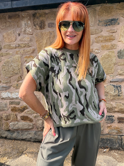 Rebel: Khaki cotton camo knit top. Sizes: 12-16