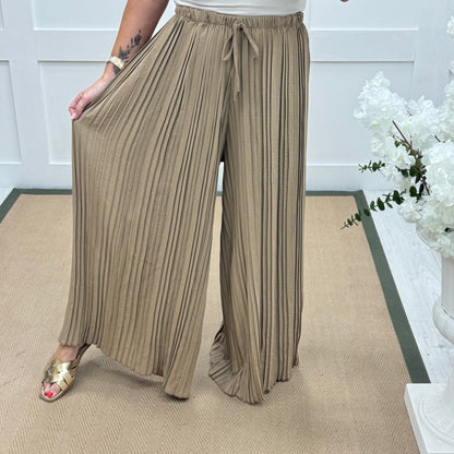 Payton: Sand pleated wide leg trousers. One size: 12-22/24
