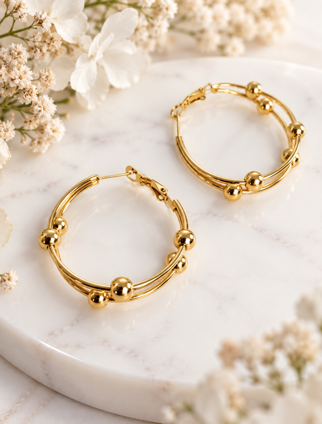 Cleo: 18K gold double ball hoop earrings