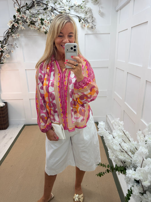 Blake: Geometric print long sleeve blouse. One size: 12-18. 3 colours