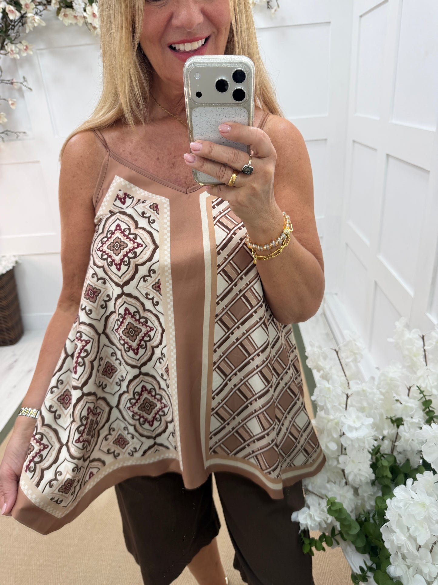 Tilly: Silky geometric printed V neck top. One size 10-16. 3 colours