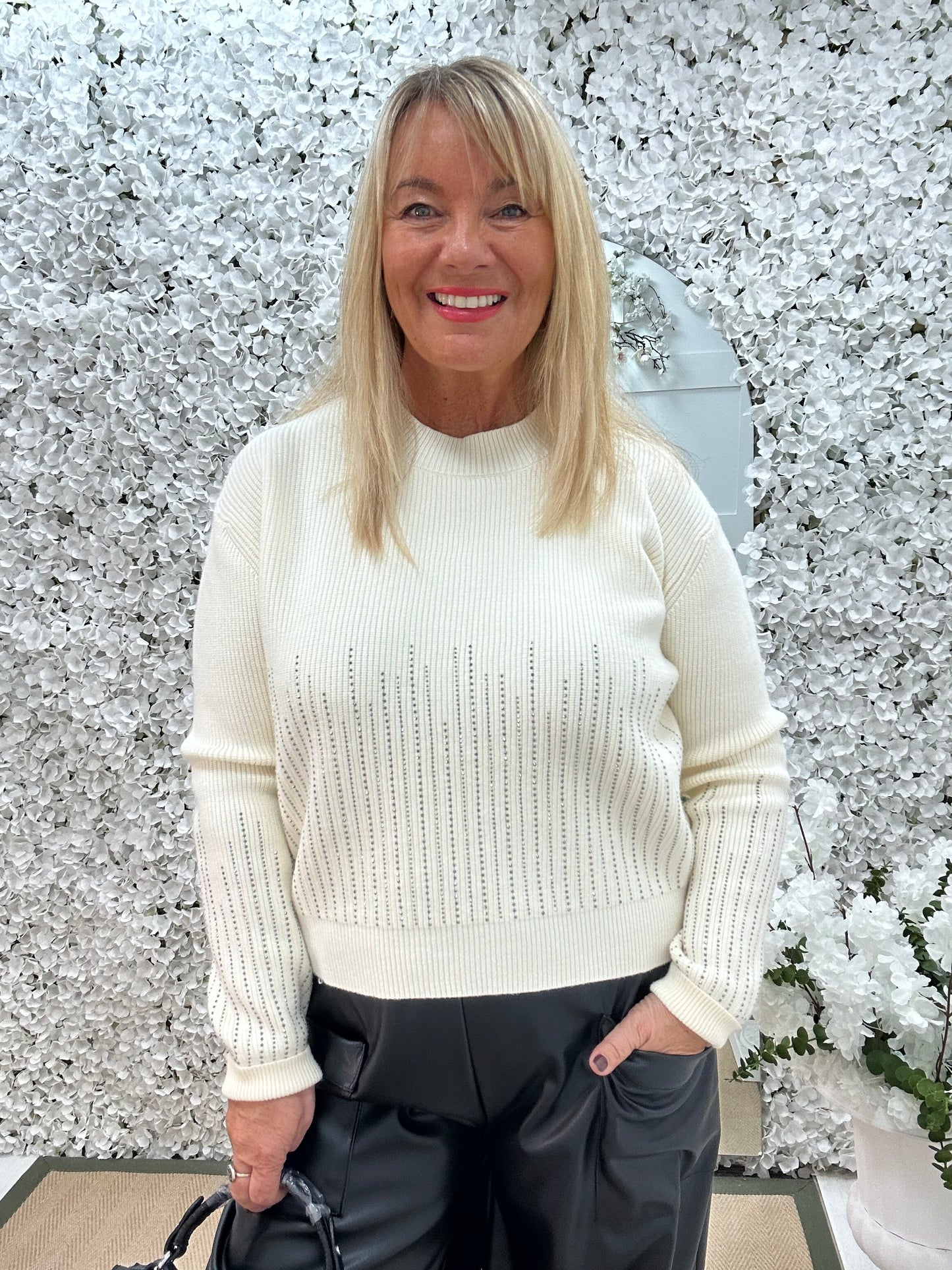 Cora: White ribbed sparkle knit. One size: 12-18