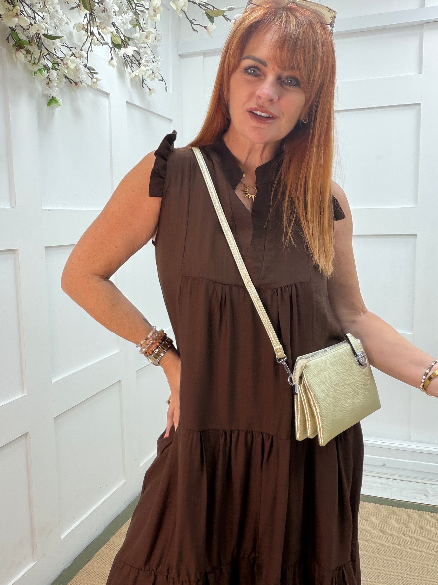 Imogen: Plain sleeveless tiered midi dress. One size: 10-14. 5 colours