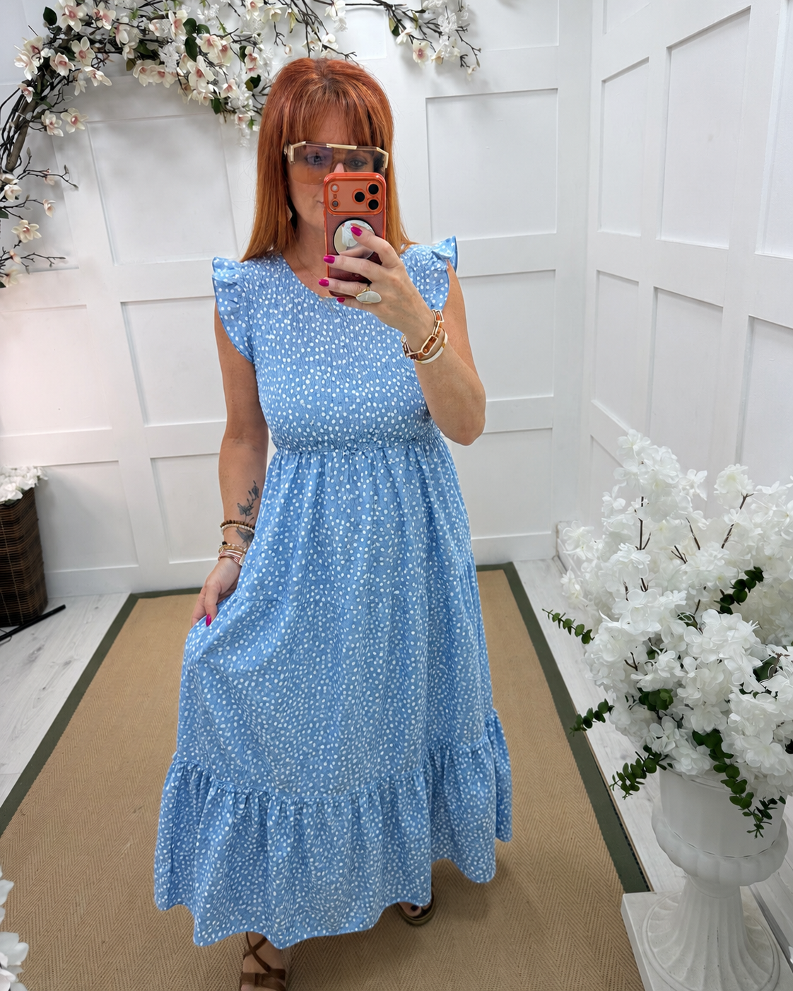 Kitty: Spotty shirred midi dress. One size 10-16. Various colours