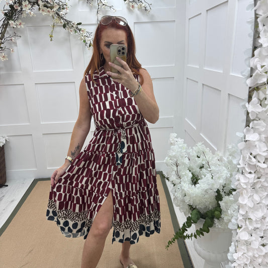 Jade: Burgundy & cream belted midi dress. One size 10-14