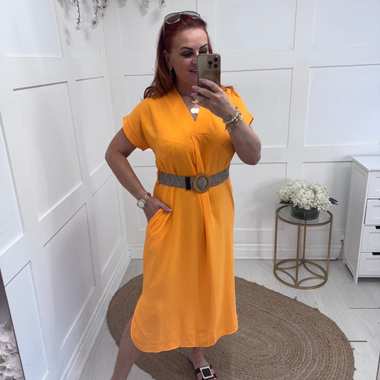 Azora: Orange V neck belted midi dress. One size 10-18