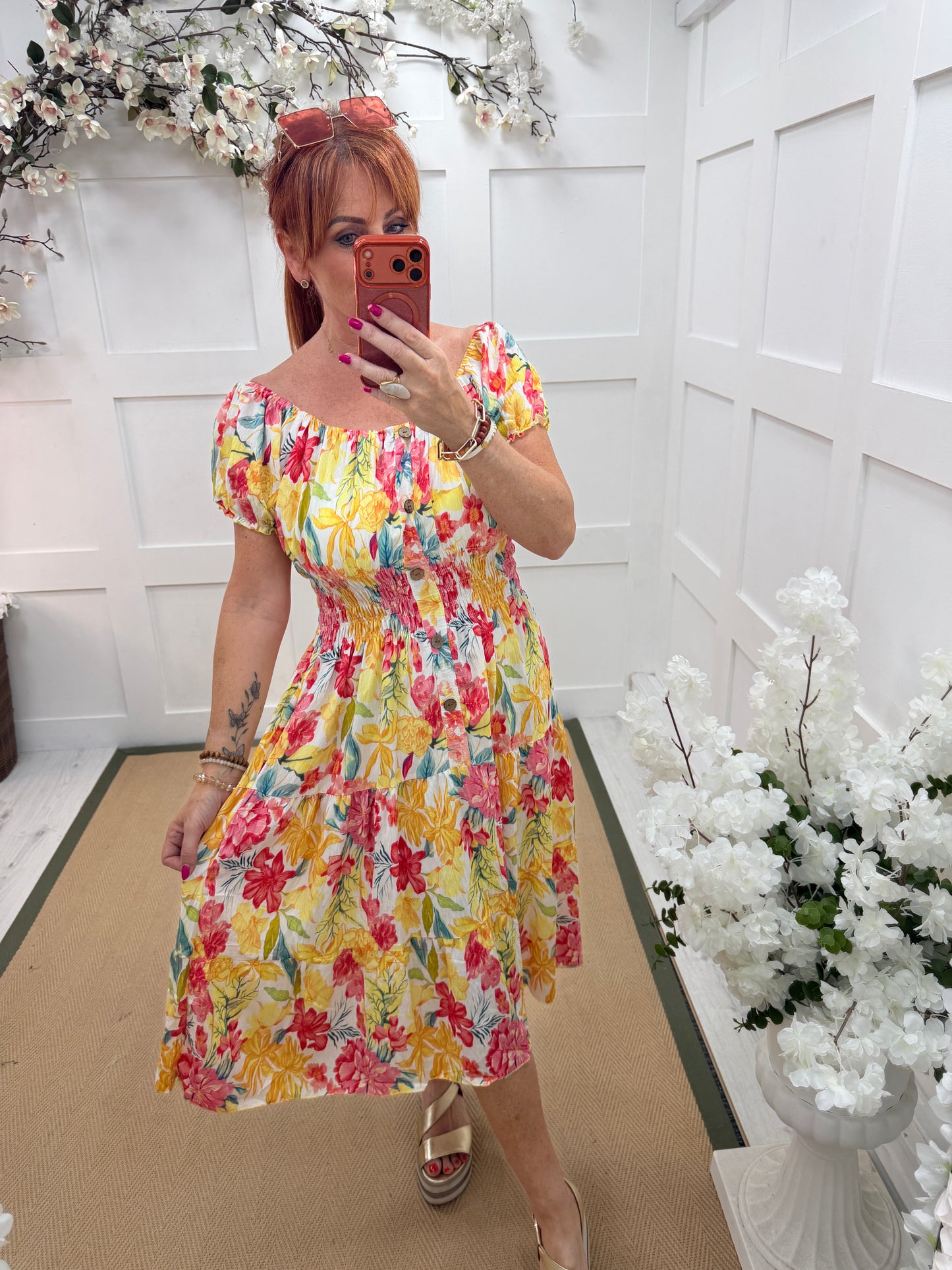 Florrie: Floral buttoned front bardot printed stretchy midi dress. One size: 10-18. 2 colours