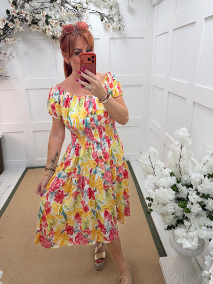 Florrie: Floral buttoned front bardot printed stretchy midi dress. One size: 10-18. 2 colours