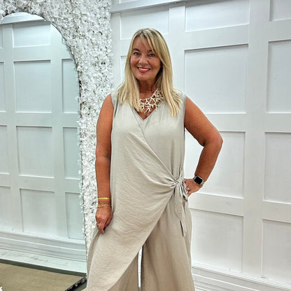 Julianna: Stone wrap wide leg jumpsuit. One size: 14-20