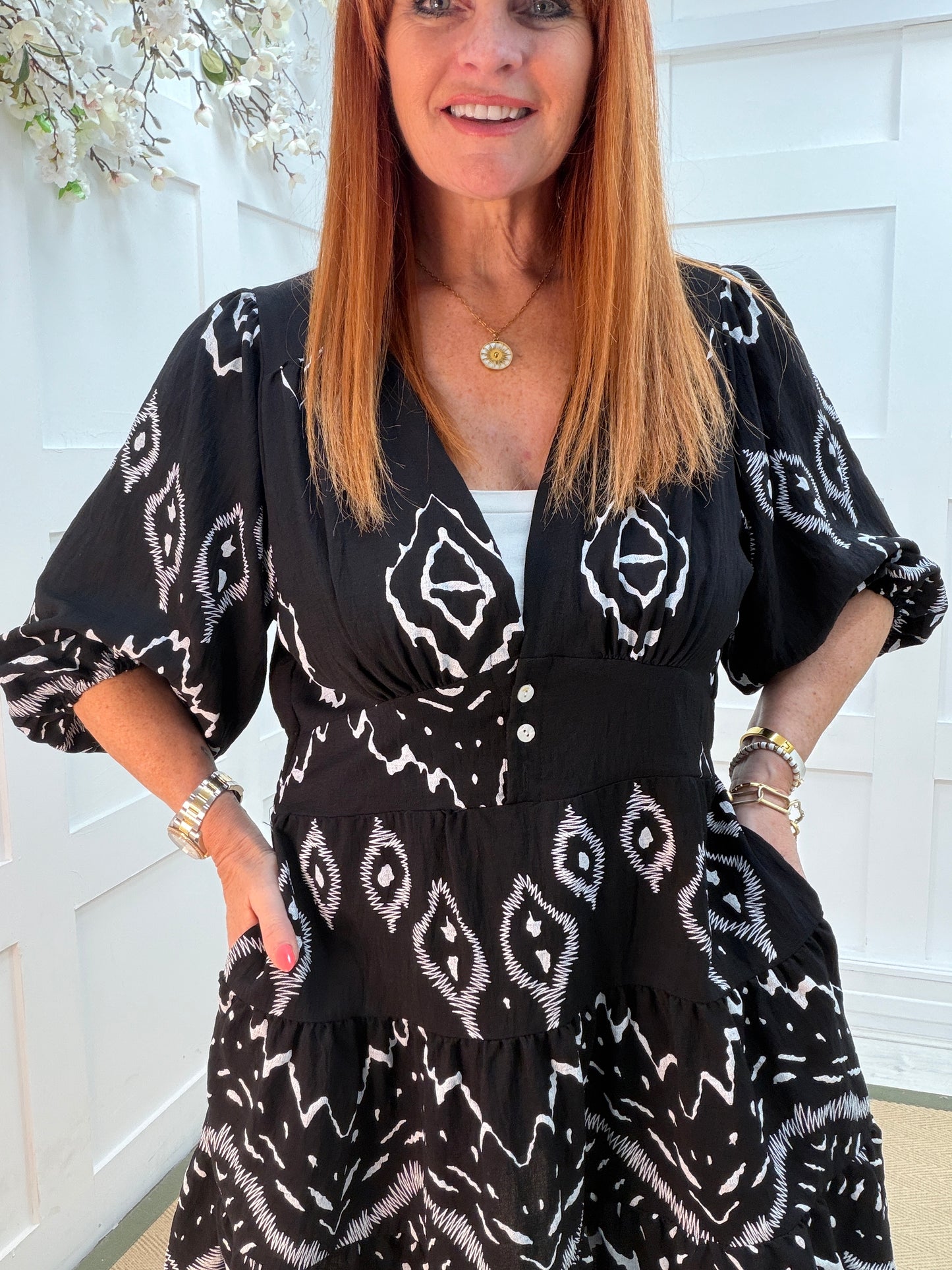Belinda: Black & white patterned midi dress. One size: 10-16